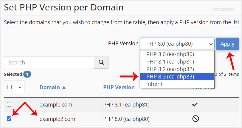 cpanel-multiphp-select-second-domain.gif